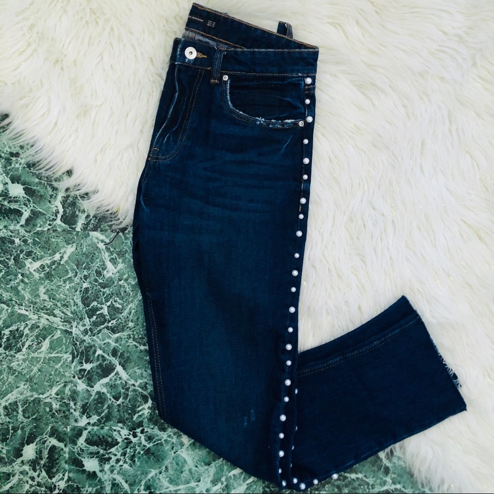 Zara | Dark Wash Pearl Detail Jeans